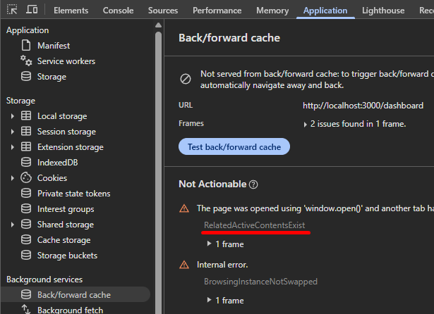 Back/forward cache debugging tool shows failure due to window.open() reference.
