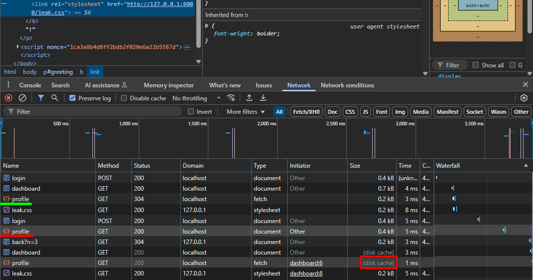 Network tab showing /profile is fetched twice.
