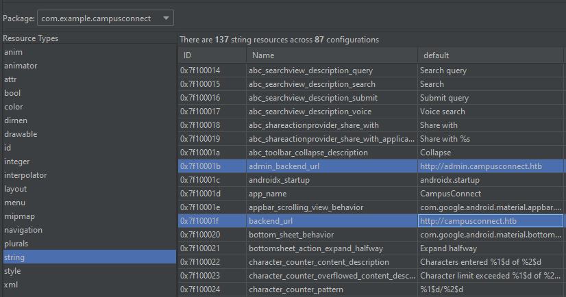 Strings table showing "http://campusconnect.htb" URL for app_url as well as "http://admin.campusconnect.htb" for the admin_app_url