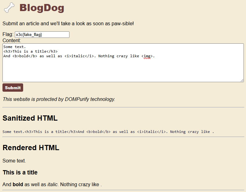 Example text with some HTML tags, showing allowed <h3>, <b> and <i> tags but disallowed <img>