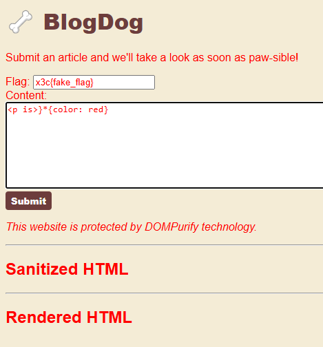 BlogDog page with red text after CSS Injection payload