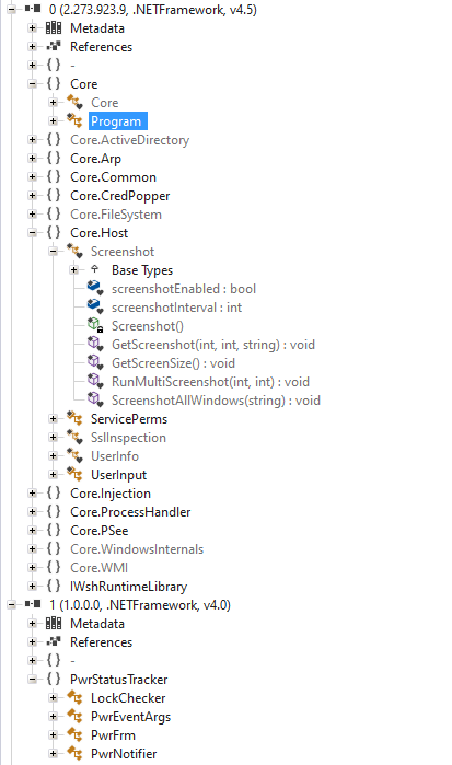 The directory tree of 0.dll and 1.dll in ILSpy showing a few Core classes and PwrStatusTracker