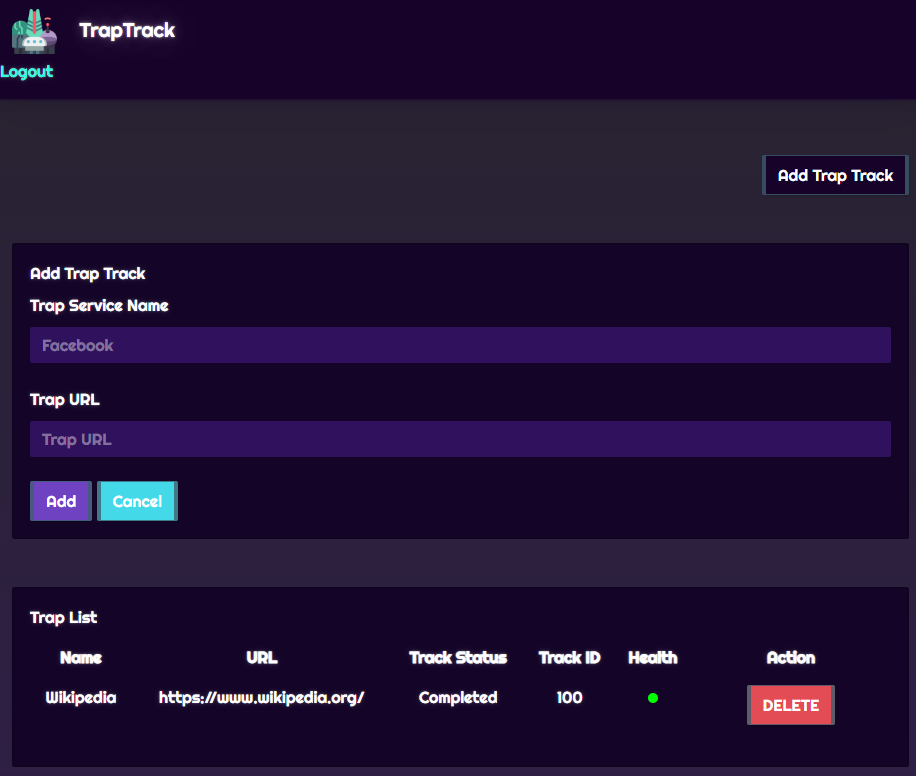 A web page with a table of URLs with a Health icon, and the ability to add tracks