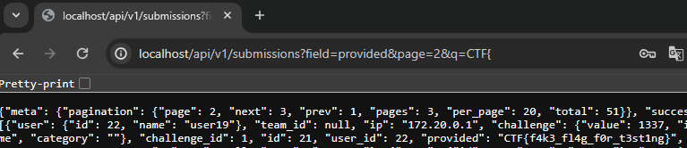 CTFd API showing 200 status code for "CTF{" query