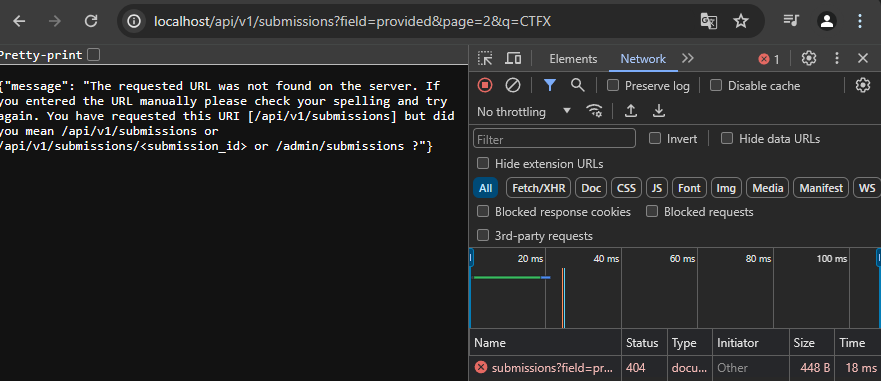 CTFd API showing 404 status code for "CTFX" query