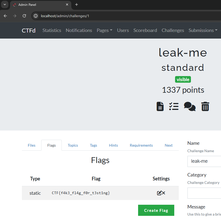 CTFd challenge page showing flags