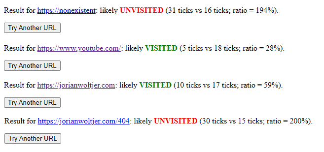 Result from PoC correctly detecting purple links as visited and blue as unvisited