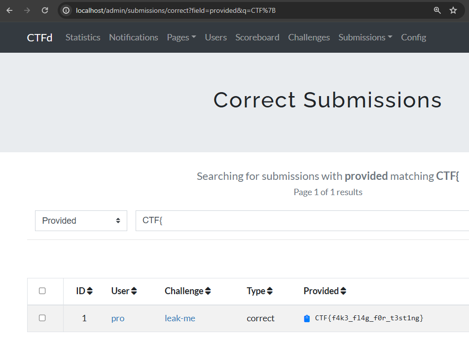 Correct Submissions page on CTFd showing one result after searching "CTF{"