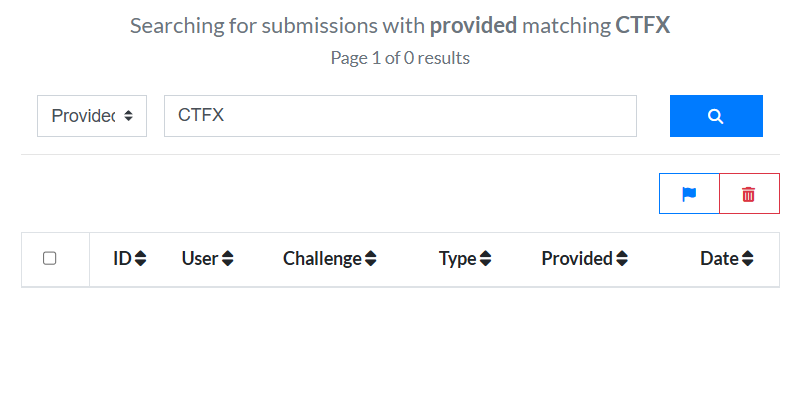 Correct Submissiosn page on CTFd showing no results after searching "CTFX"