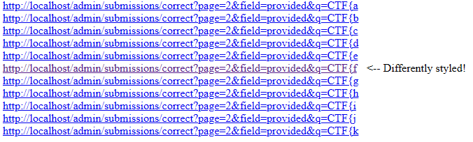 List of anchor tags with one purple for the query "CTF{f"
