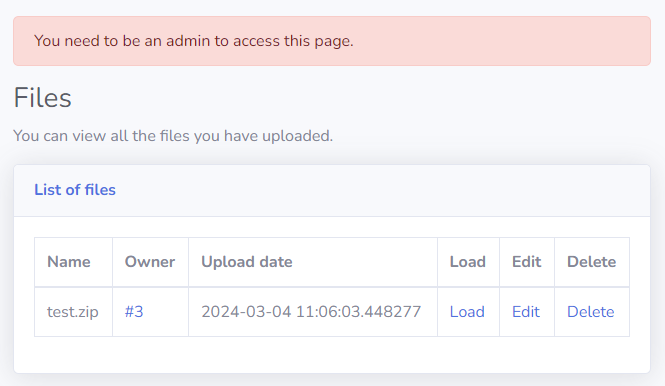 Screenshot of file listing showing one upload with a 'Load' button