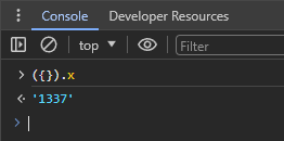 DevTools Console showing ({}).x returning '1337' after visiting the URL that causes prototype pollution