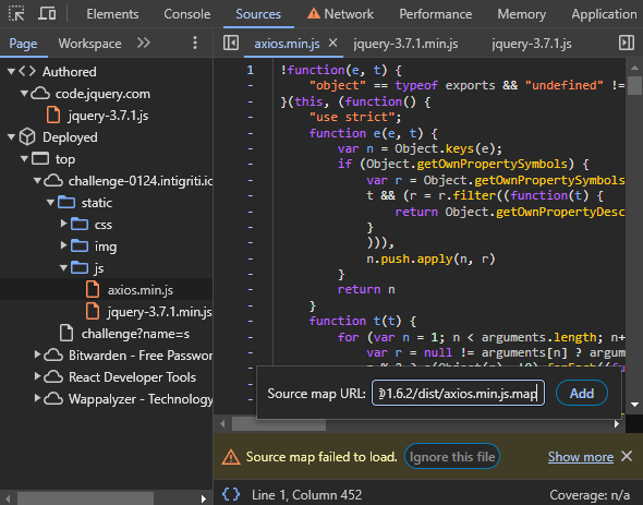 Inputting a Source map URL into the DevTools to get source code of Axios
