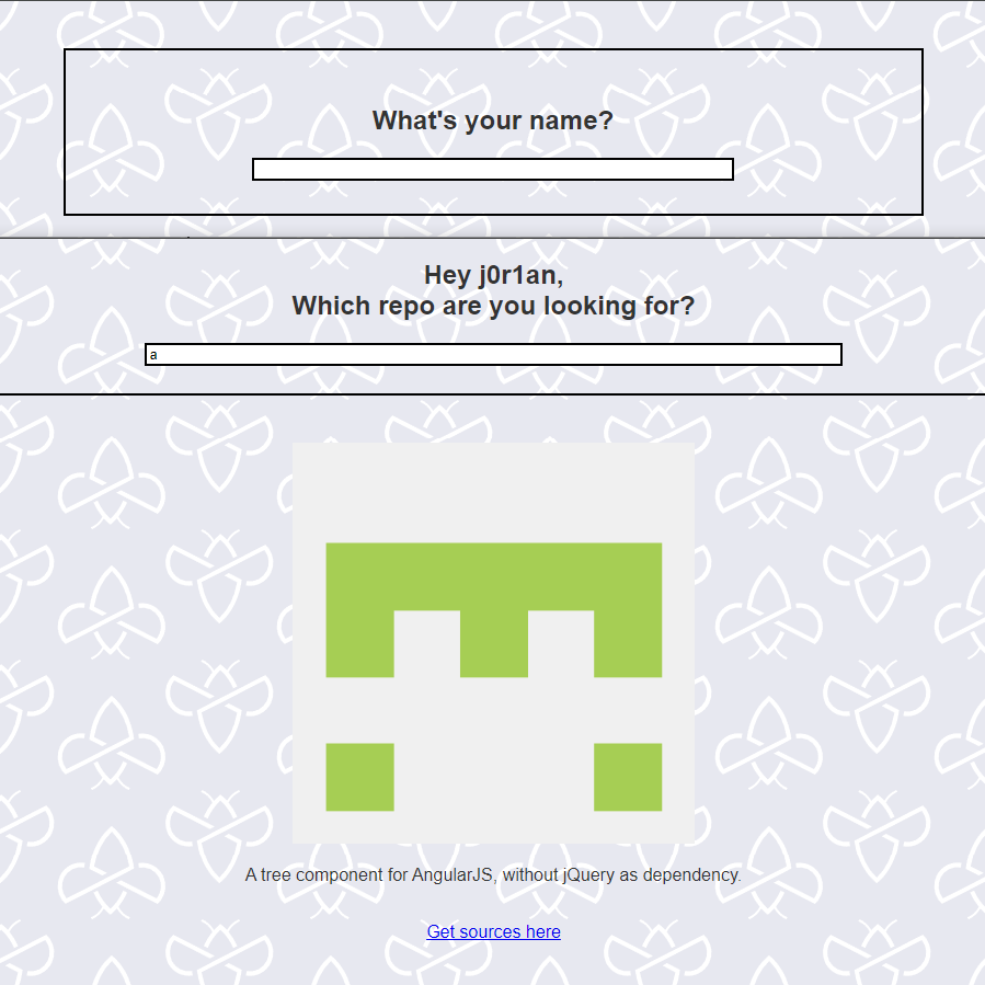 2 pages on the website asking for a name and repo, which loads the name and repo afterward