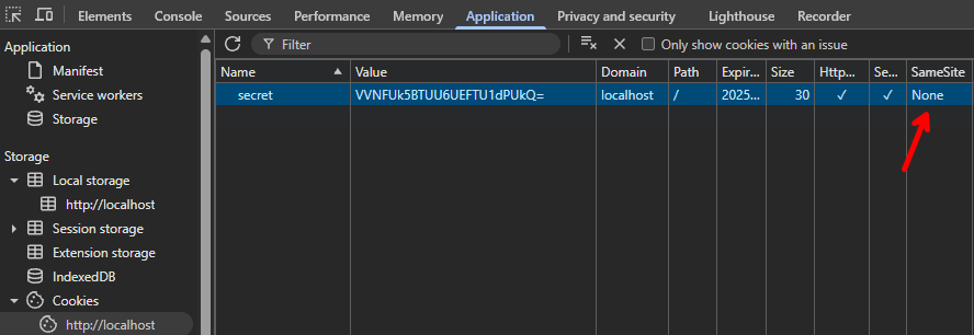 Showing cookies with SameSite=None column for secret cookie highlighted