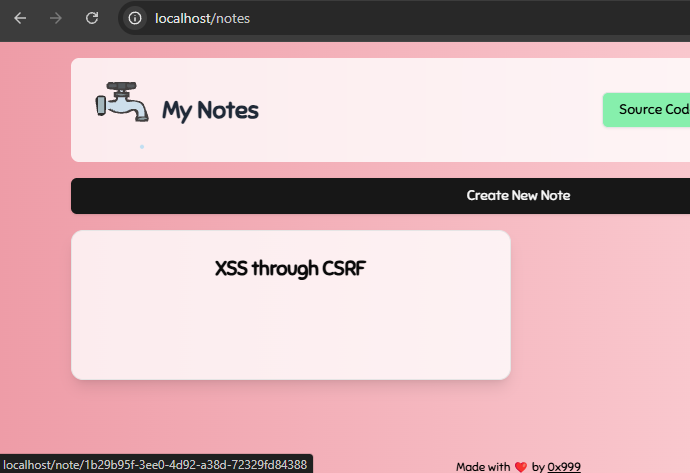Result of CSRF showing note on dashboard