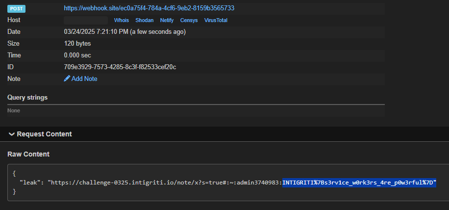 Callback from webhook.site showing flag in JSON body