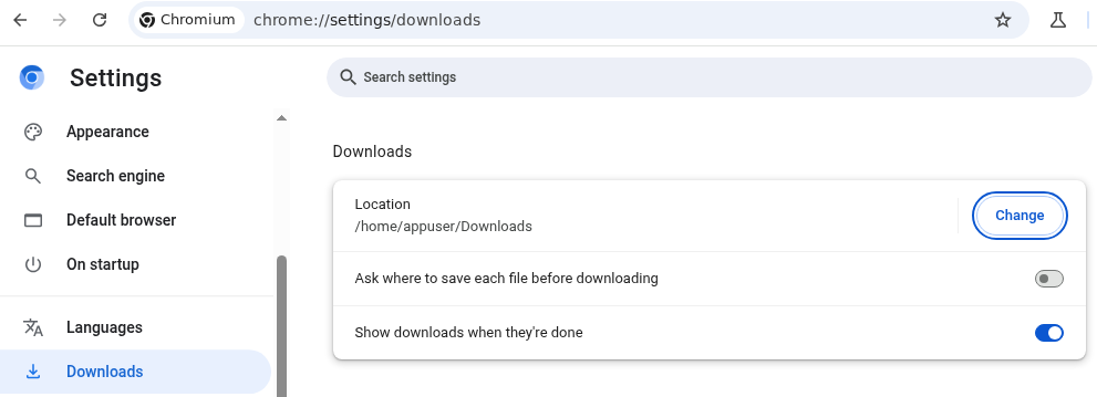 Downloads section containing default "Location"