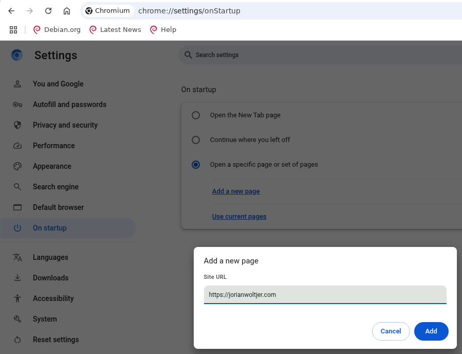 Adding "On startup" option to open specific page