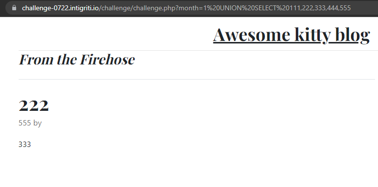 Screenshot of the site after UNION payload, showing 222, 555, and 333 in the output