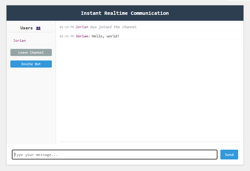Chat window with a join message and "Hello, world!"