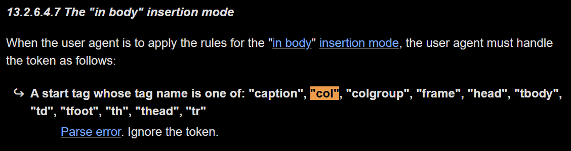 "col" element is ignored in body