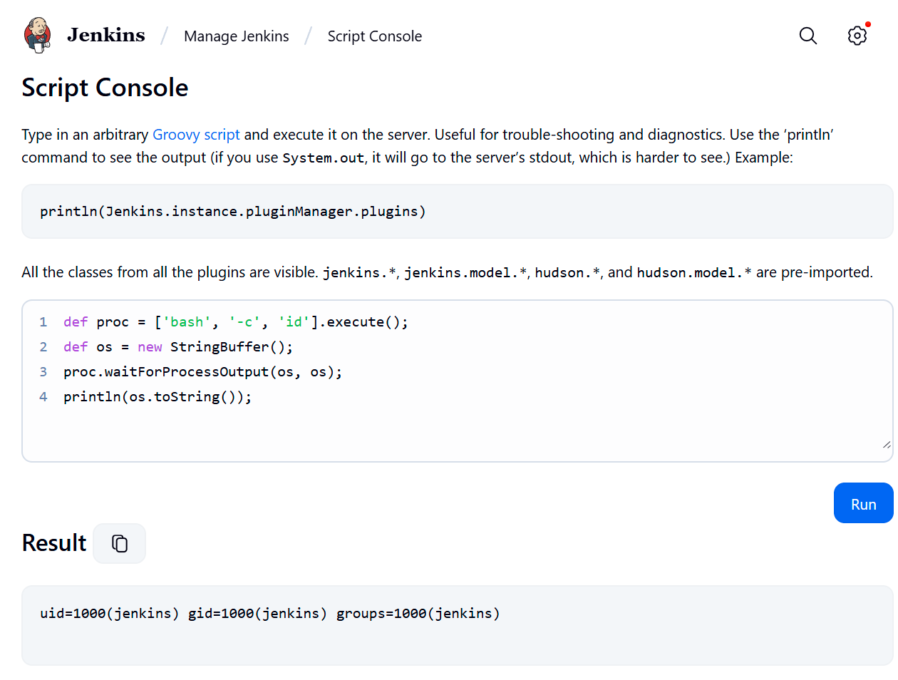 Result of command in script console showing id output
