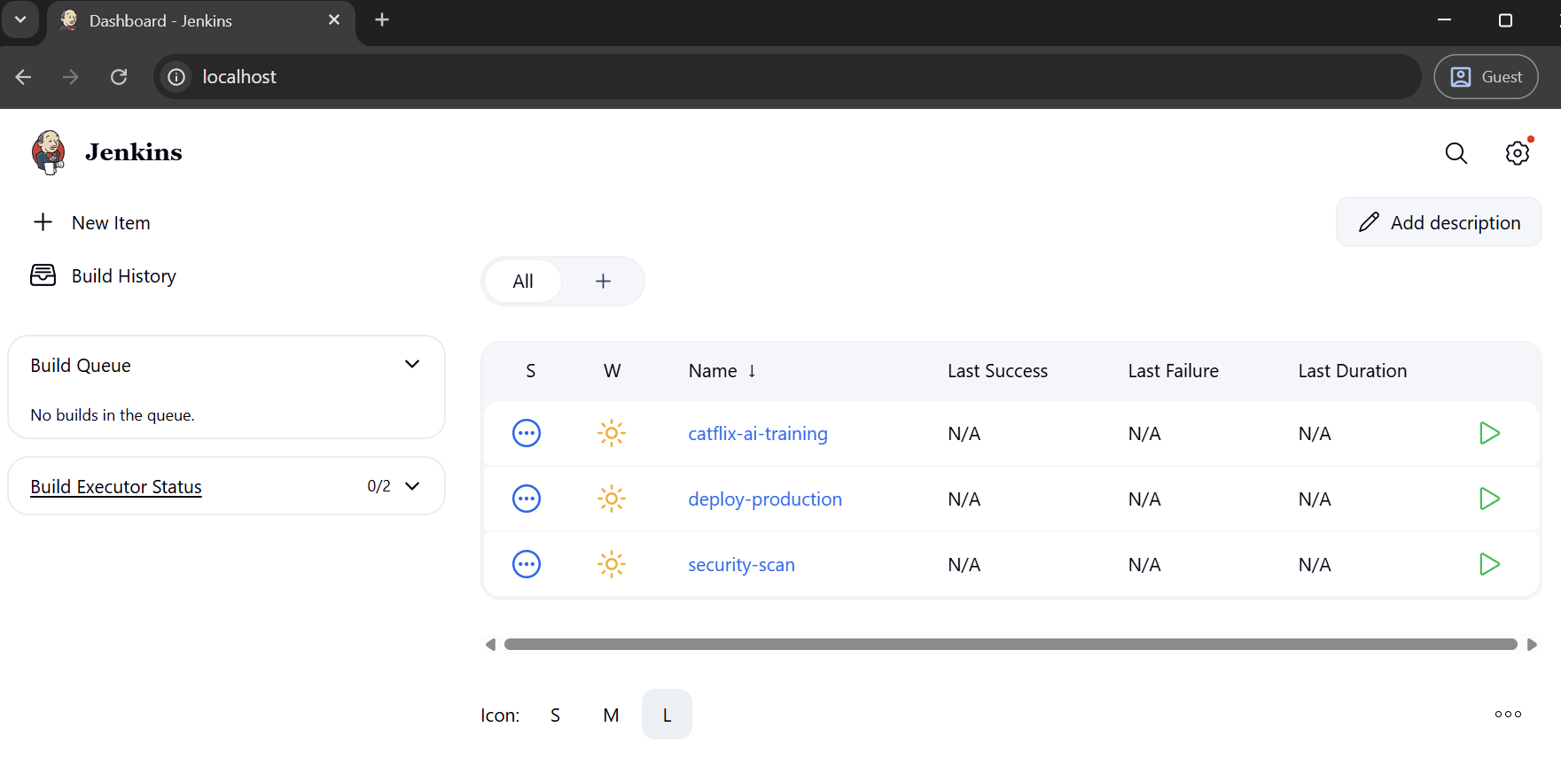 Viewing Jenkins GUI inside the browser through localhost, with jobs showing