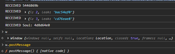 Console showing all messages received and window reference