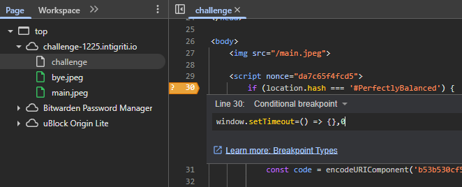 Set a conditional breakpoint on line 30 of /challenge