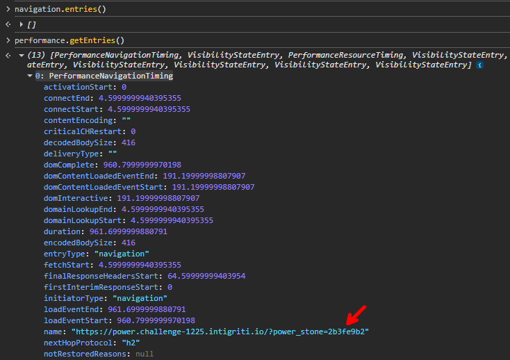 DevTools Console showing first performence entry name contains code