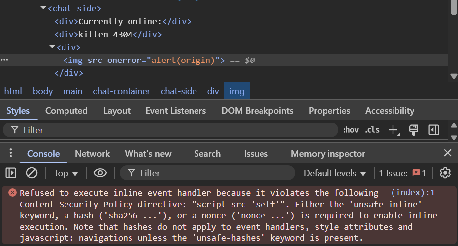 CSP error in console when attempting regular XSS payload