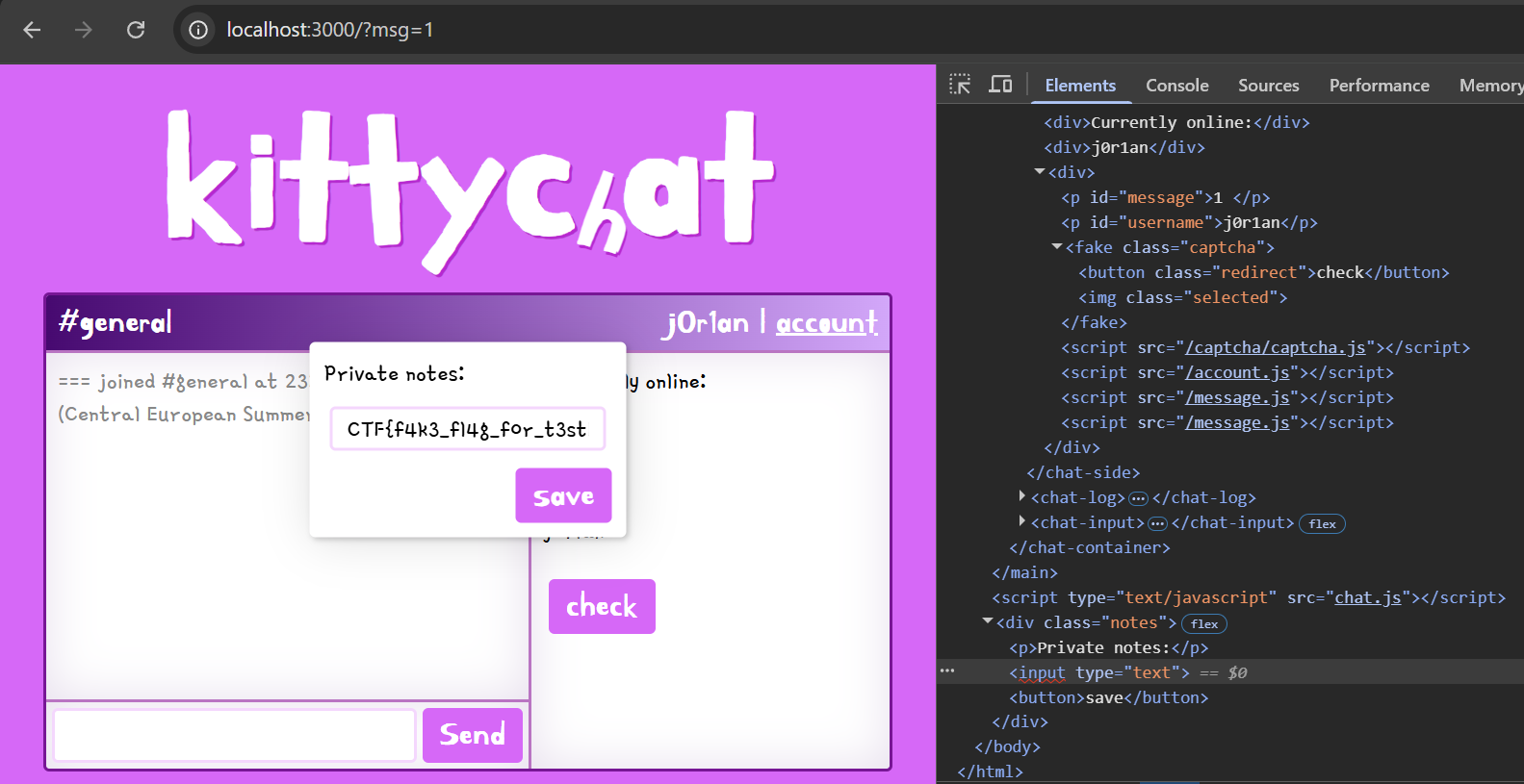 After our HTML injection, private notes loaded in chat