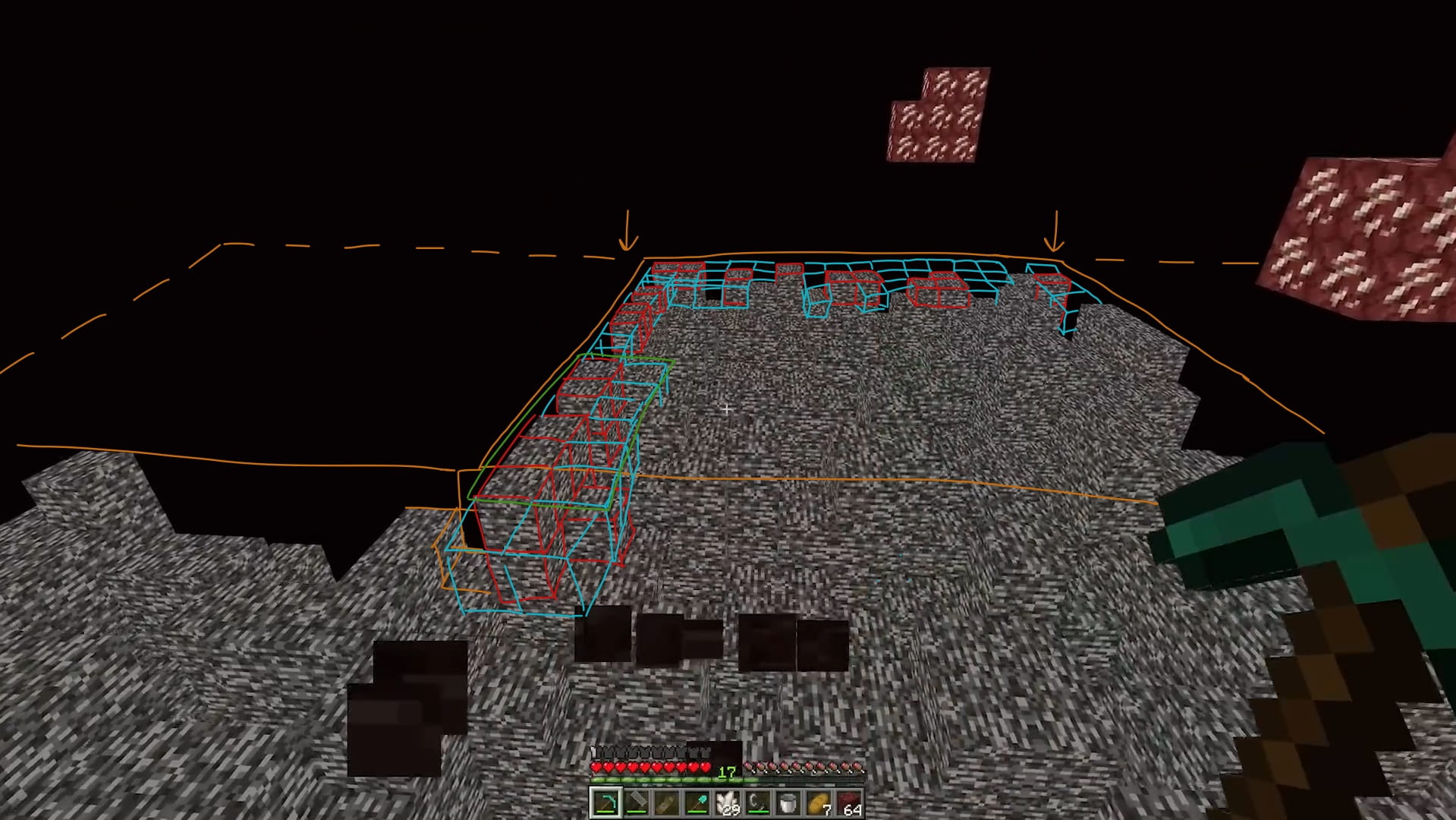 Drawing on top of a bedrock screenshot showing chunks, bedrock and air blocks