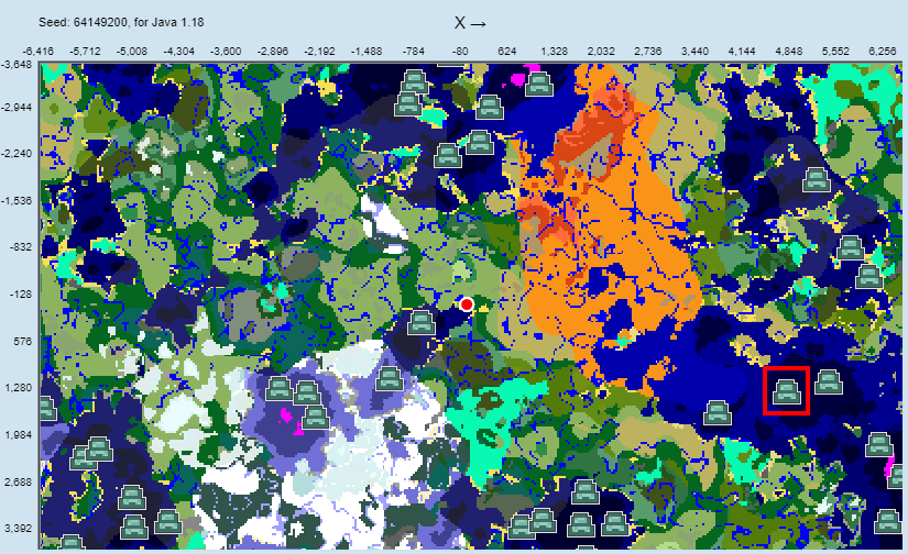 A screenshot of ChunkBase with the ocean monument from the message highlighted in a red box