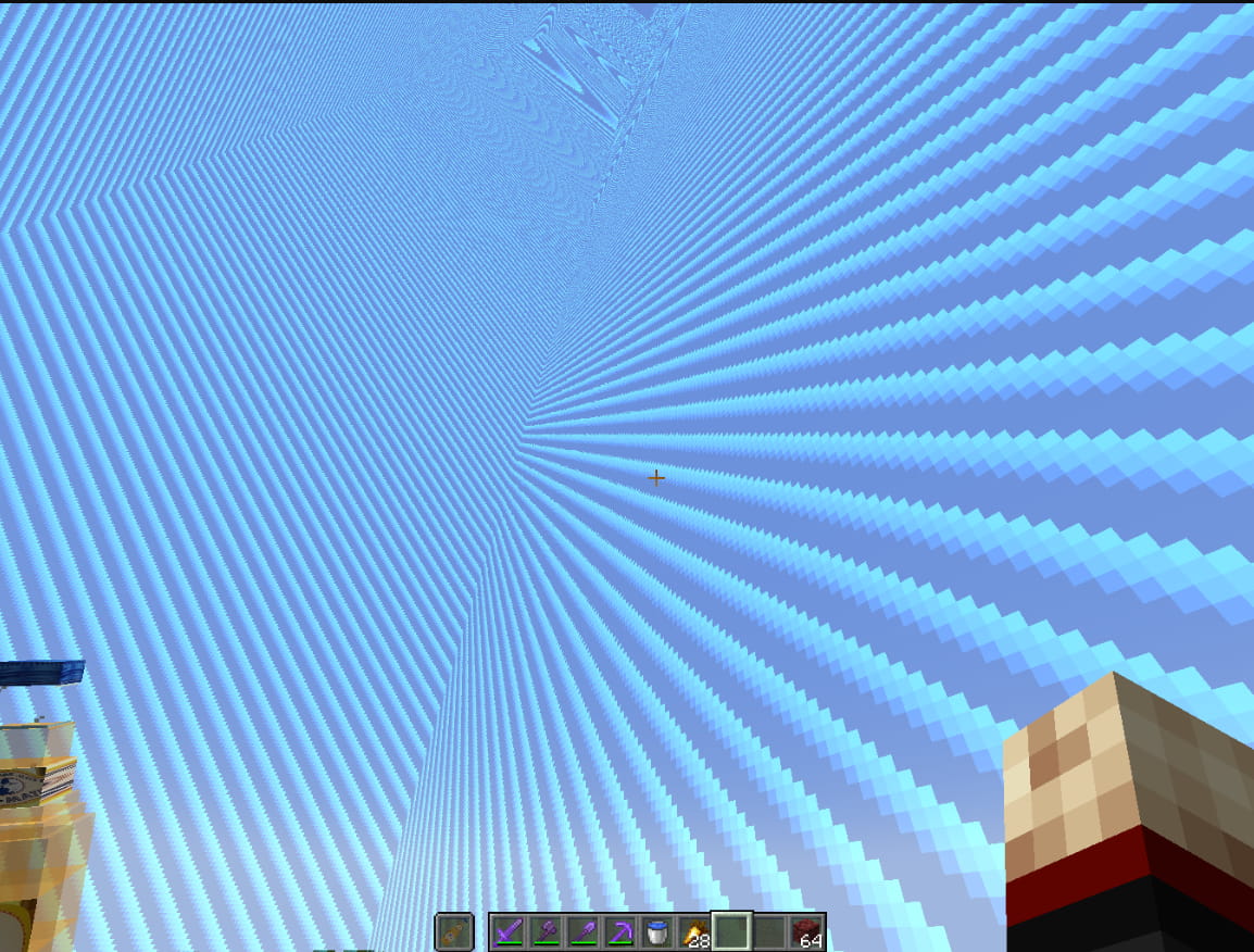An ingame screenshot of a tiny world border and the player in creative mode