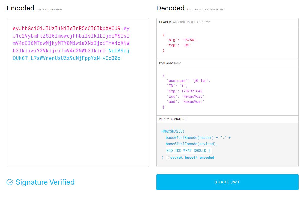 jwt.io showing a real JWT with the key as "Signature Verified"