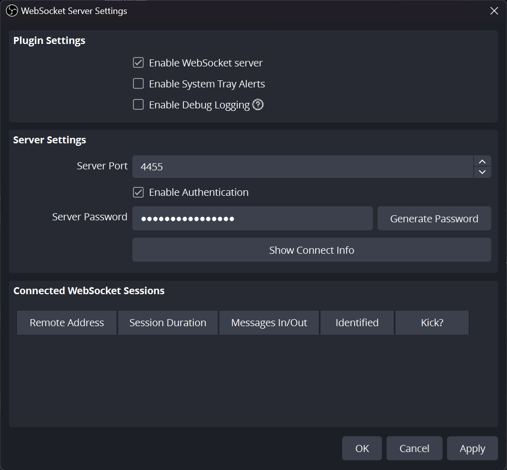 Configuration screen for WebSocket server in OBS with authentication enabled