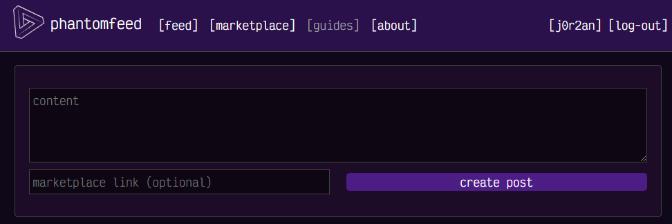 /phantomfeed/feed screenshot with a "content" box and an optional "marketplace link" field, and a button to create the post