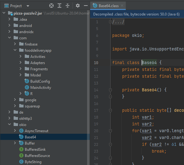 Screenshot of IntelliJ showing Base64 class in okio folder