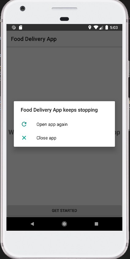 Screenshot of the app crashing after clicking the start button