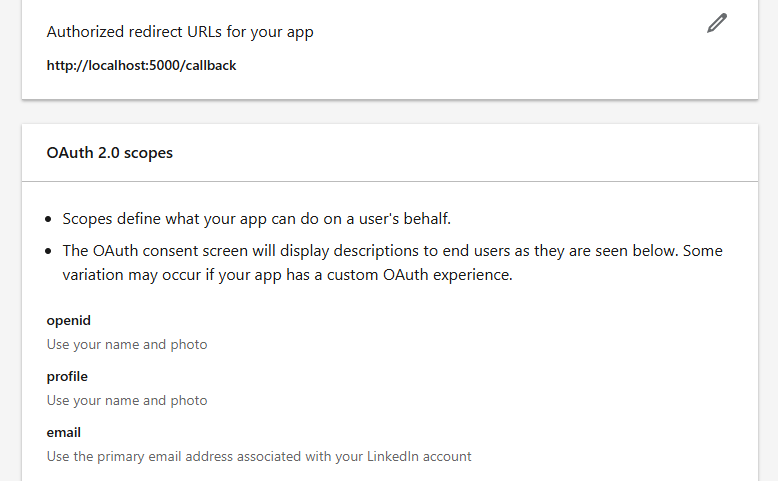 Example of LinkedIn Application configuration