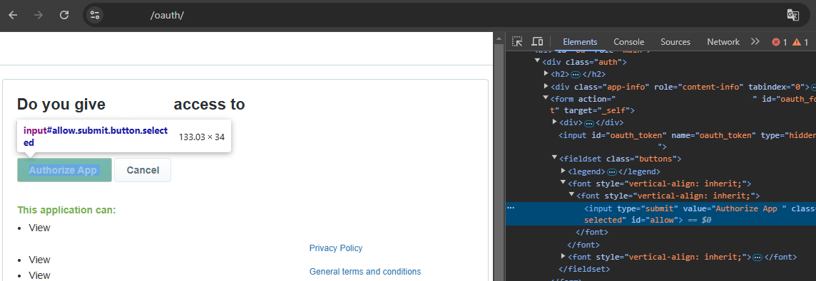 Allow button on Redacted authorization having an id attribute