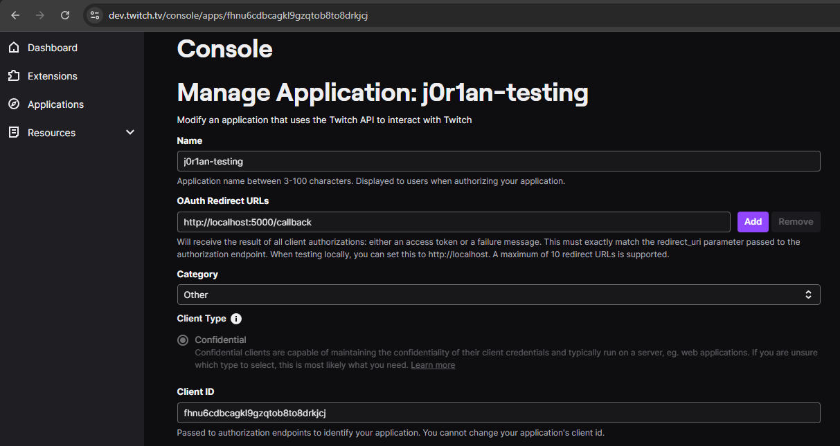 Example of Twitch Application configuration
