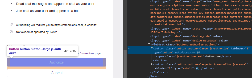 DevTools showing Streamlabs's "Sign in with Twitch" authorization button containing an autofocus attribute